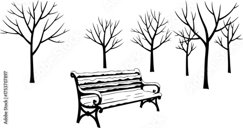 Simple line drawing of snow-covered wooden bench - stock vector

