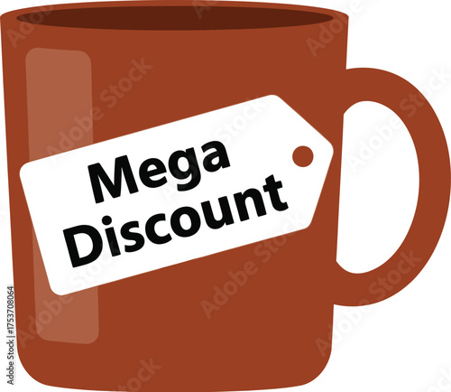 Brown mug with a white tag advertising a mega discount