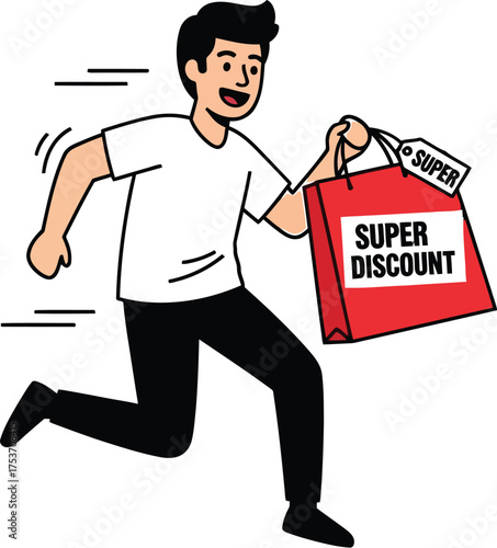 Excited man running with a shopping bag advertising a super discount, conveying urgency for a great sale.