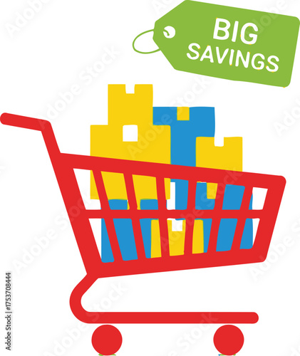 Red shopping cart overflowing with colorful boxes, promoting big savings and discounts.