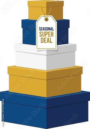 Stack of colorful gift boxes with a 'Seasonal Super Deal' tag, perfect for promotions and sales.