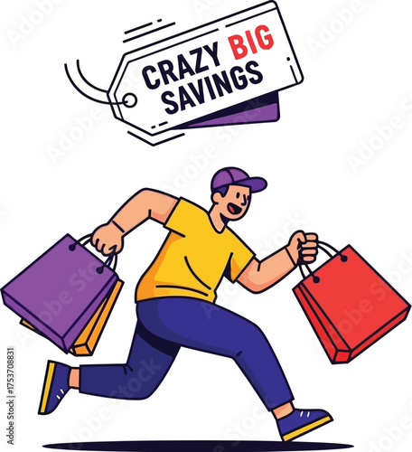 Excited shopper running with bags of purchases, celebrating big savings and shopping spree