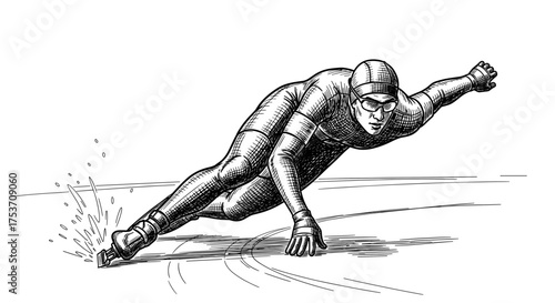 speed skater racing, dynamic pose, engraving sketch, white background