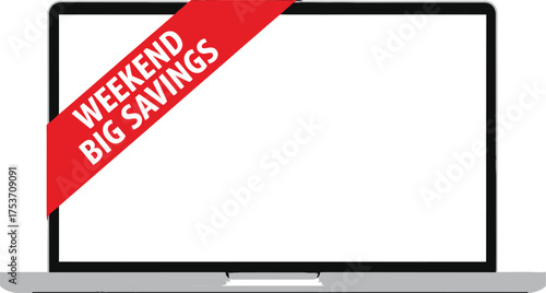 Laptop displaying a red banner with 'Weekend Big Savings' to promote online deals