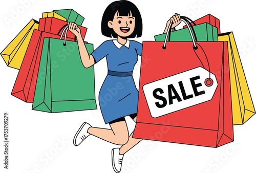 Joyful woman jumping with many colorful shopping bags from a big sale event