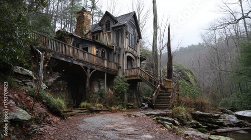 Rustic wooden cabin in misty forest setting with stone path and staircase