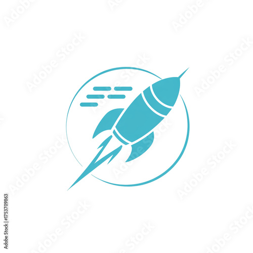 Blue rocket ship icon with exhaust trails inside a circle on a black background graphic design isolated on a transparent background