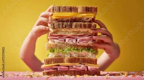 Child holding tall sandwich stack with various ingredients against yellow background