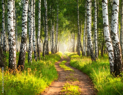 Fototapeta Naklejka Na Ścianę i Meble -  A tranquil forest scene of birch trees lining a path, with sunlight streaming through the canopy creating an inviting, serene atmosphere