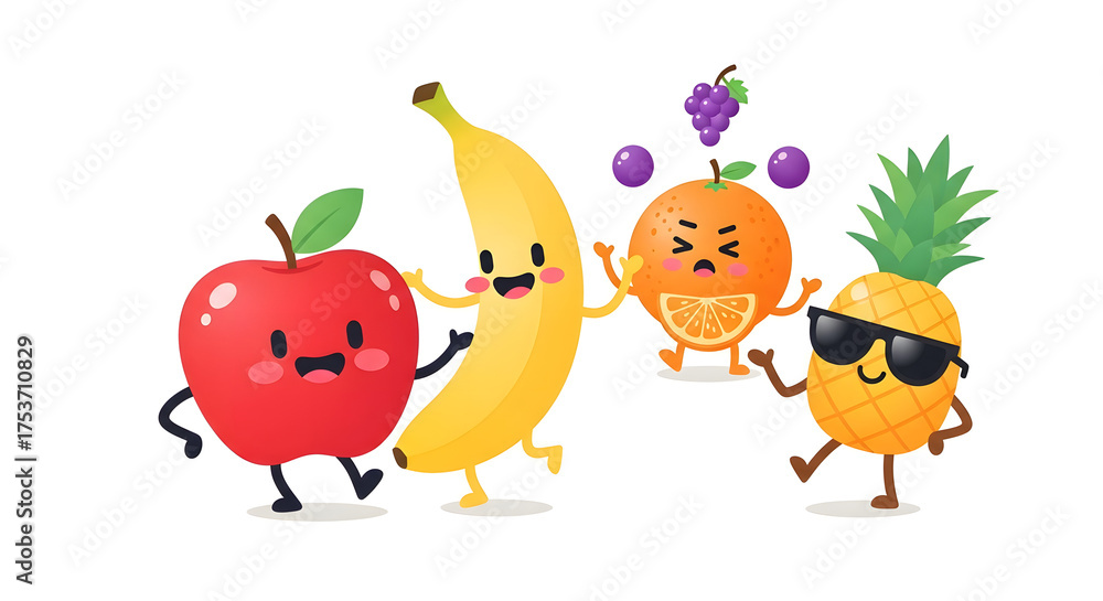 Fototapeta premium Cute cartoon illustration of happy fruits characters: a smiling apple dancing with a banana, orange juggling grapes, and a pineapple with sunglasses. Playful scene in a fruit market, bright pastel col