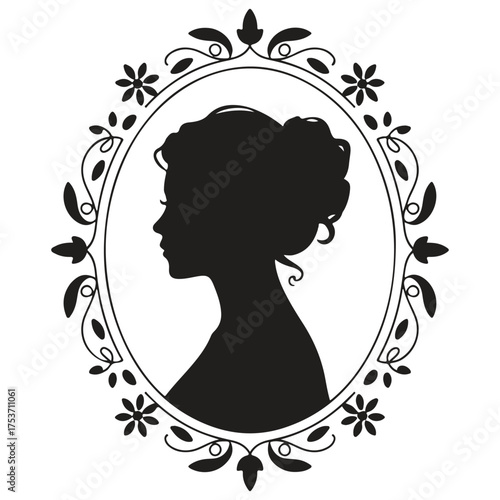 Elegant woman silhouette in ornate oval frame silhouette