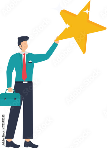 Driven businessman reaching for success, aiming for the gold star with ambition, holding briefcase ready for the next big opportunity vector style flat illustration
