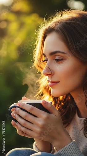 Beautiful woman enjoying a cup of coffee in the morning sunlight outdoors