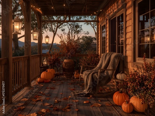 Rustic Autumn Balcony with Pumpkins, Lanterns and Cozy Halloween Decor at Sunset 