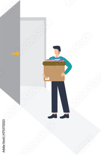 Man leaves office with box of belongings, symbolizing career transition or job loss, offering a visual metaphor for change and new beginnings vector style flat illustration
