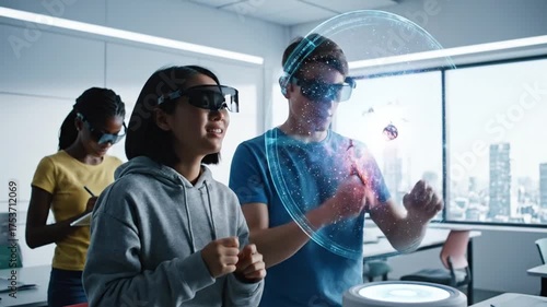 Immersed in a vibrant, futuristic lab, three individuals are captivated by augmented reality technology. Exploring the cutting edge of technological innovation.
