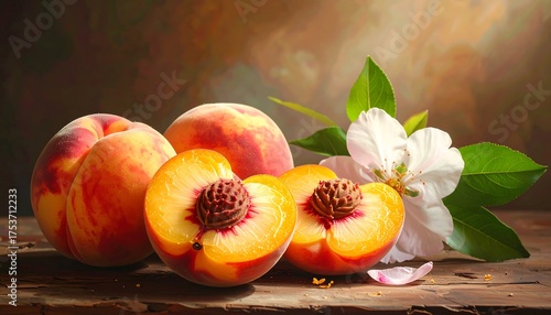 A still life of ripe peaches, one halved to reveal the pit, alongside a white flower with green leaves. It all rests on a rustic wood surface