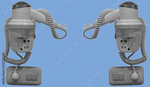 close up of hairdryer pixelate grayscale color halftone dotted texture style collage element isolated on blue background