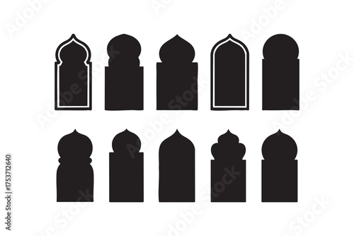 Ten black mosque window shapes stand boldly against a white transparent background