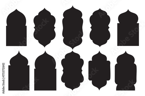 Ten black arched doorway forms showcase a mosque architecture against white background