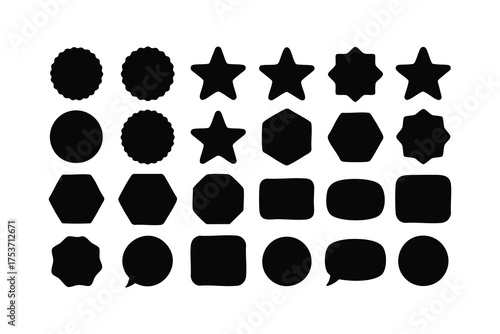 Various black shapes including circles, stars, hexagons, squares, and speech bubbles are scattered randomly