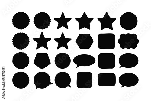 Assorted black doodle icons include circles, stars, polygons, speech bubbles on a white background