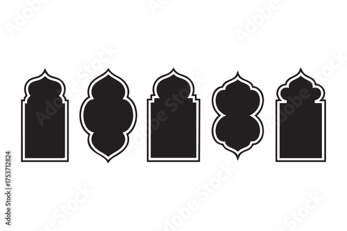 Five intricately outlined black masjid style window frames are aligned neatly on a white background