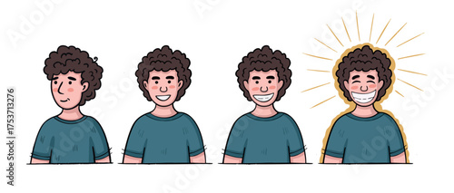 Hand drawn illustration set of a smiling young man with  curly hair.