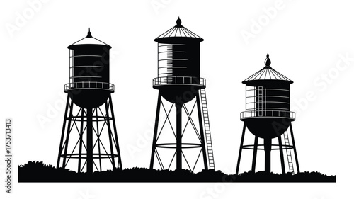 Three Silhouetted Water Towers Standing Tall Against a White Background with a Bushy Foreground water tank