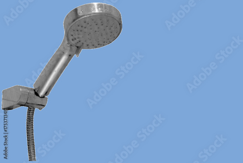 close up of shower head on a stand pixelate grayscale color halftone dotted texture style collage element isolated on blue background