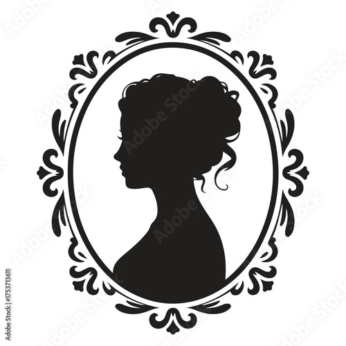 Elegant woman silhouette in ornate oval frame silhouette
