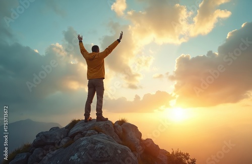 Man stands on mountain peak with arms raised in triumph. Person celebrates success on rocky summit at sunrise. Male hiker achieves goal, enjoys scenic view. Man feels accomplishment, freedom on top