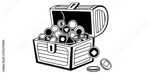 Open Treasure Chest with Geometric Coins Flat Vector Icon	