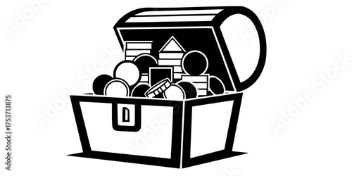 Open Treasure Chest with Geometric Coins Flat Vector Icon	