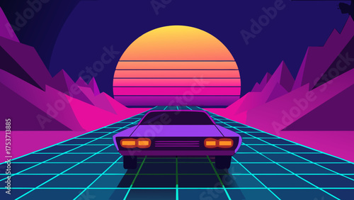 A retro cartoon vector illustration of a green UFO in space over a city landscape with a car on the road and clouds in the sky