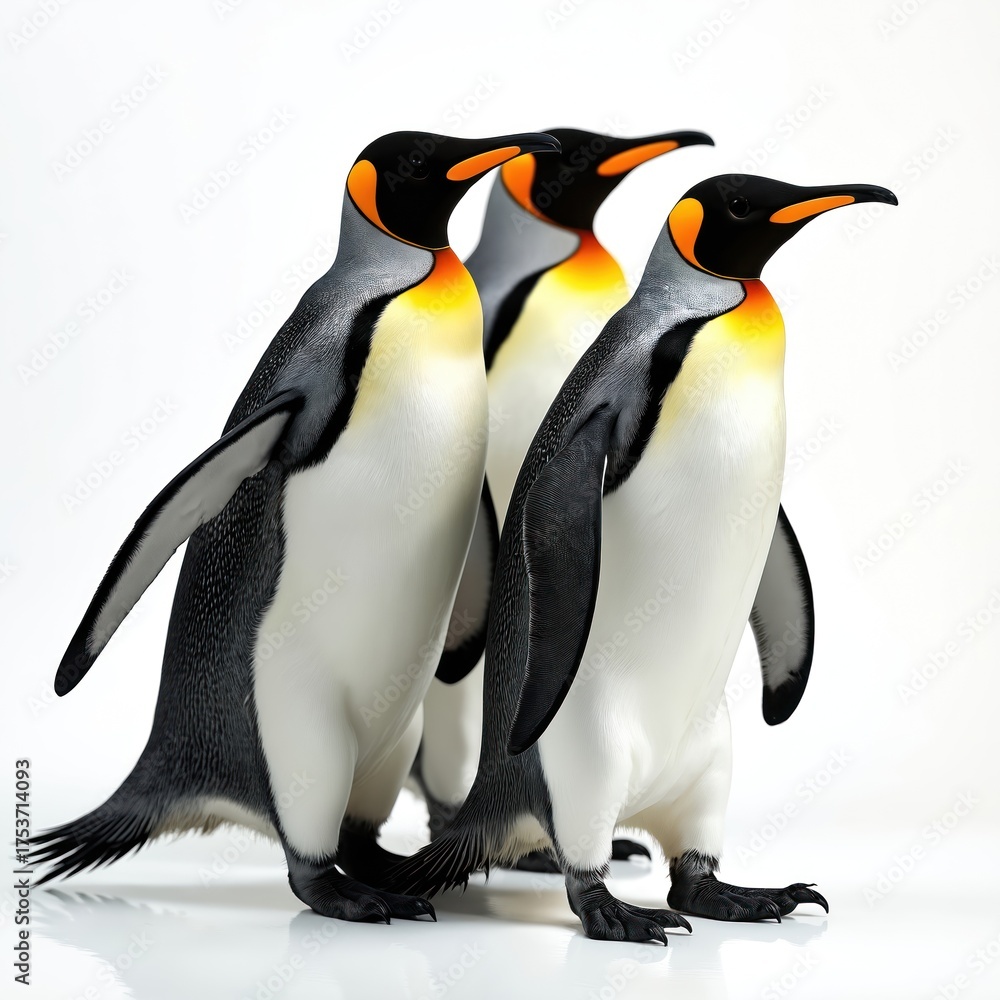 Fototapeta premium Three king penguins on white background. Birds stand in row facing right. Wildlife animal isolated in studio. Antarctic fauna creatures with black and yellow color.