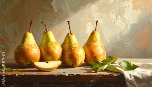 A still life painting of four ripe pears and a slice on a wooden surface, with green leaves and a white cloth