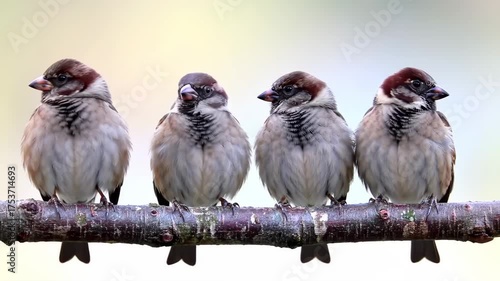 Four sparrows perched on a branch against soft natural background