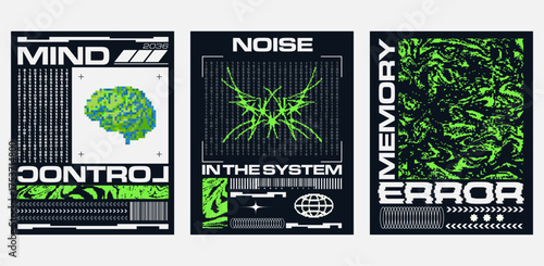 Y2K cyber glitch poster Set.Futuristic pixel art Design for digital posters, tech aesthetics, and streetwear prints.Vector illustration