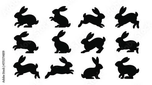 A Grid of Twelve Silhouetted Rabbits in Various Poses on a White Background bunny animal