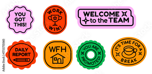 motivational office stickers set with encouraging phrases, corporate stickers set on white background, office sticker set for work