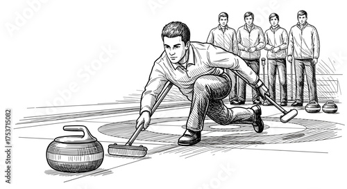 Curling game scene, player sliding on ice sweeping in front of curling stone, detailed motion of brush, stone gliding on ice, other team members observing, engraving sketch style, black and white