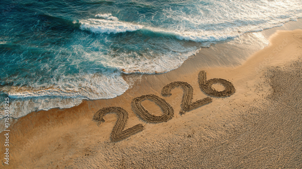 Fototapeta premium Number 2026 written in sand on beautiful beach with ocean waves and sunny sky aerial view