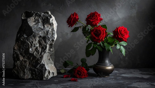 A still life presents a vase of red roses next to a large rough stone against a textured, dark grey background