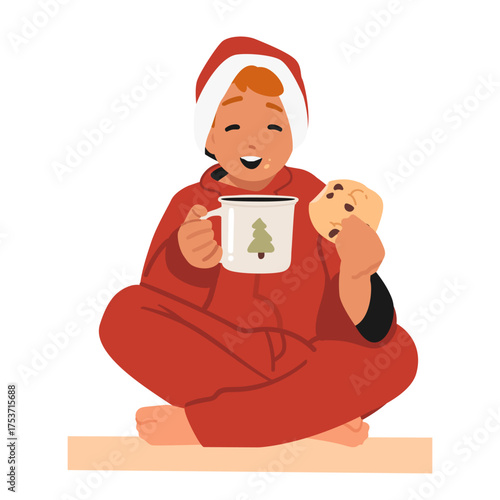 Happy smiling boy child cartoon character tasting Christmas gingerbread cookies drinking milk