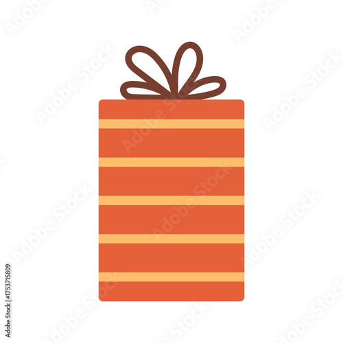 Vector illustration of striped gift box with ribbon bow on top, isolated on white background. Holiday present clipart for Christmas, birthday, celebration greeting cards, festive design and decor.