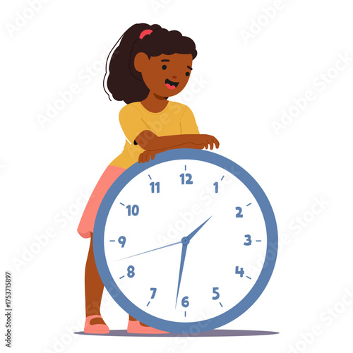 Girl child standing behind giant clock performing importance of time and punctuality learning