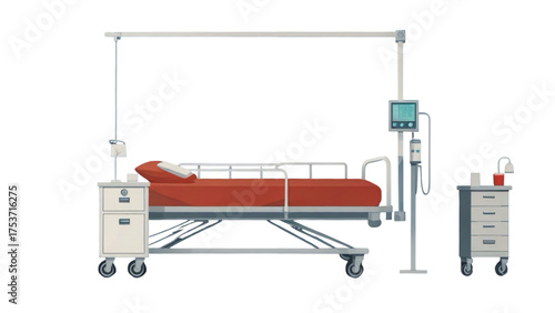 Detailed Flat Illustration of Hospital Bed with Medical Equipment and Furniture