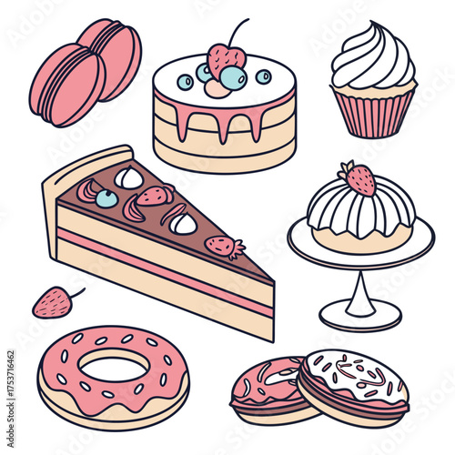 A vibrant and detailed vector icon set featuring a diverse collection of popular desserts perfect for culinary websites food blogs and sweet treat promotions