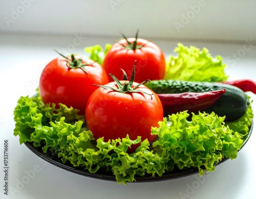 A still-life arrangement featuring vibrant red tomatoes, a cucumber, chili, and leafy greens on a dark plate. Natural light illuminates the fresh ingredients